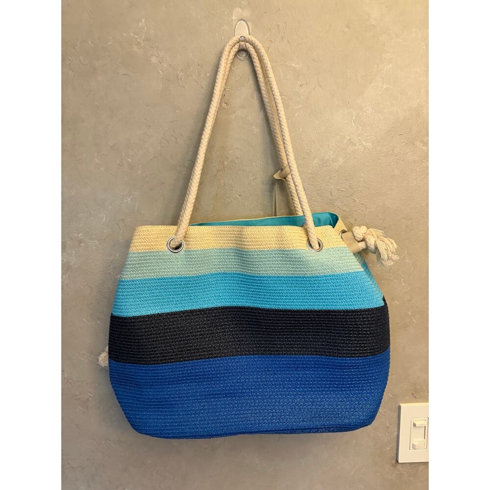 NEW Amiani Beach Tote Bag Striped Blue Gradient Jute Rope Handles Summer Purse - Picture 6 of 16
